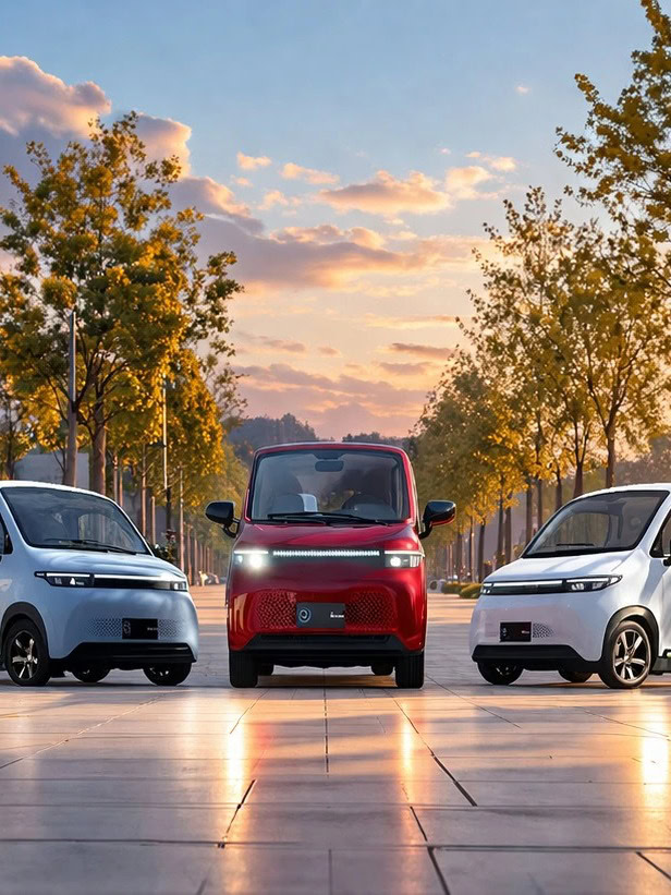 Elvora Elektro-Kabinenroller nebeneinander im Sonnenuntergang